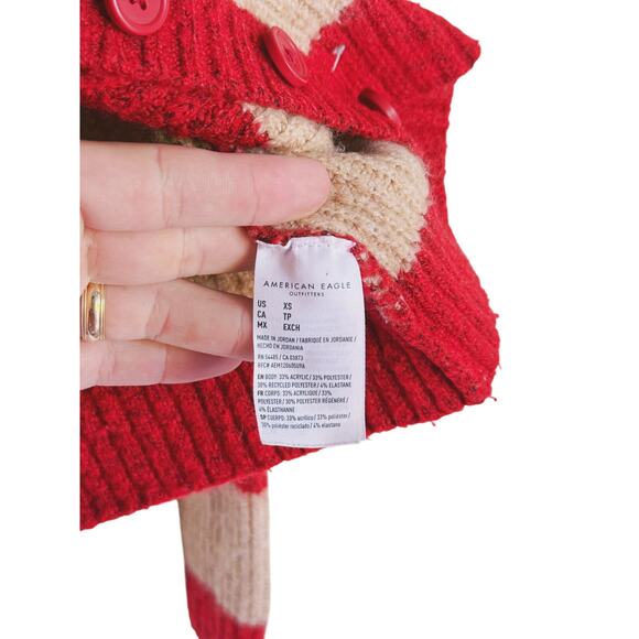 American Eagle Red Cream Rugby Stripe Button Cardigan Sweater XS Academia Preppy - Picture 7 of 9